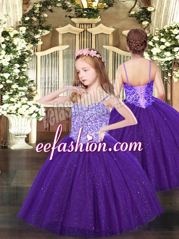  Purple Lace Up Spaghetti Straps Appliques Pageant Gowns For Girls Tulle Sleeveless