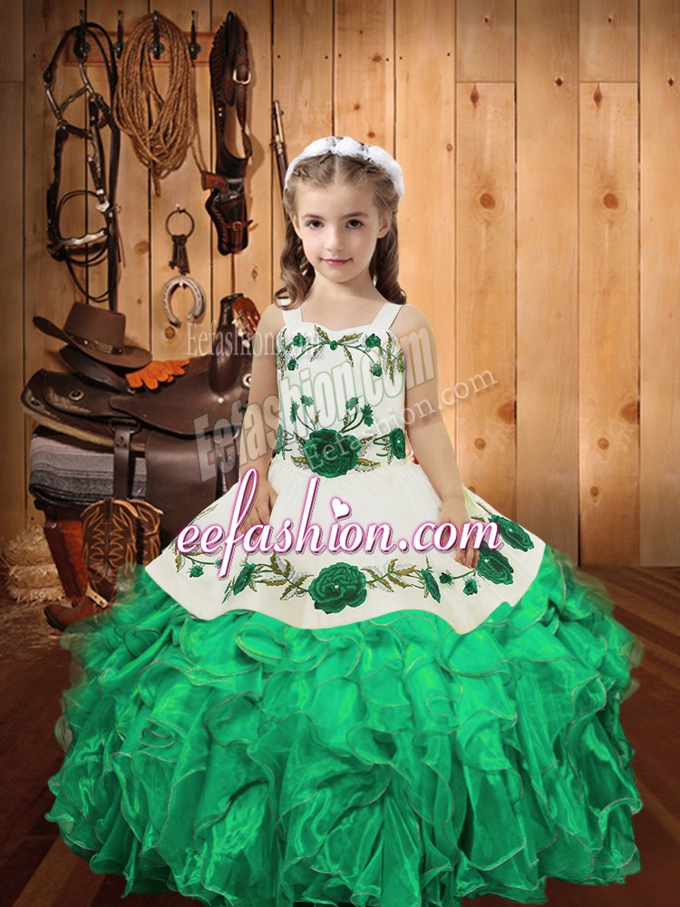 Customized Turquoise Child Pageant Dress Sweet 16 and Quinceanera with Embroidery and Ruffles Straps Sleeveless Lace Up