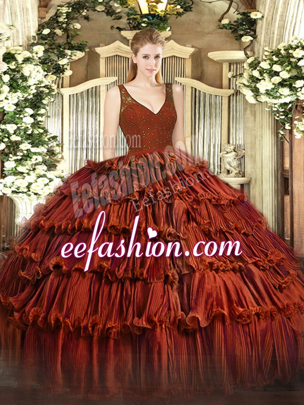 Fantastic Ball Gowns Ball Gown Prom Dress Rust Red V-neck Organza Sleeveless Floor Length Backless