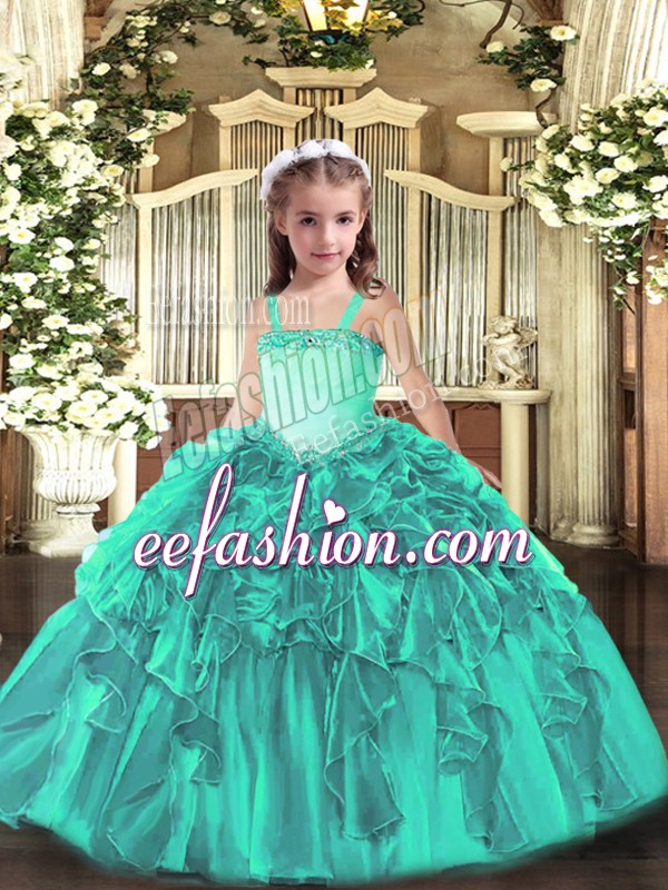  Sleeveless Organza Floor Length Lace Up Little Girls Pageant Dress in Turquoise with Appliques and Ruffles