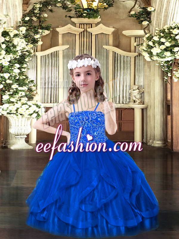 Fantastic Floor Length Blue Little Girls Pageant Dress Wholesale Spaghetti Straps Sleeveless Lace Up