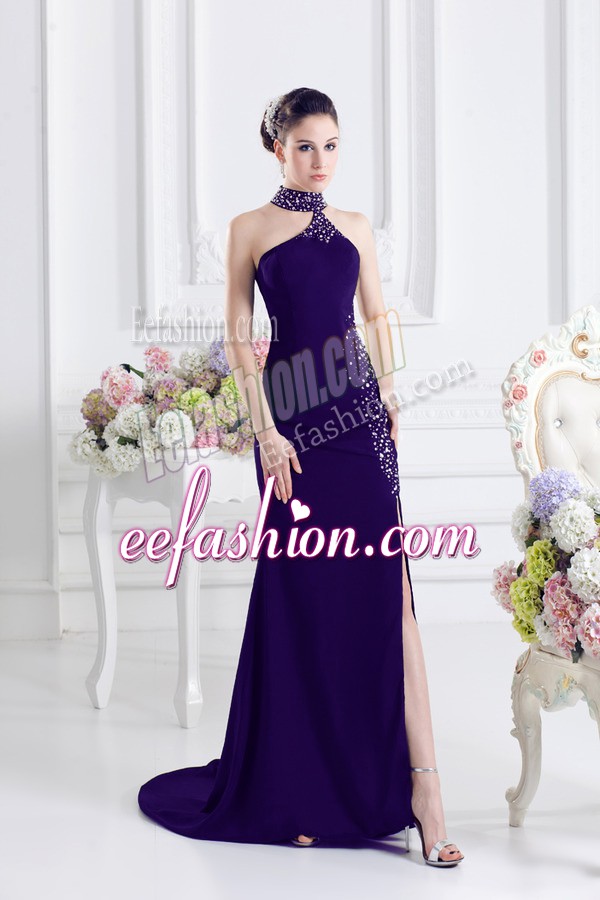  Sleeveless Elastic Woven Satin Sweep Train Lace Up Prom Party Dress in Purple with Beading