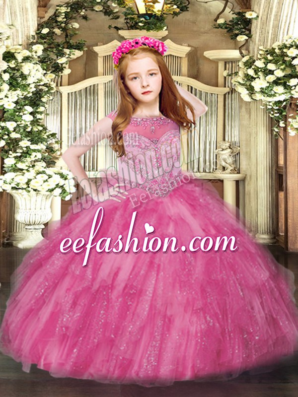 Custom Made Hot Pink Ball Gowns Beading and Ruffles Little Girl Pageant Dress Zipper Tulle Sleeveless Floor Length