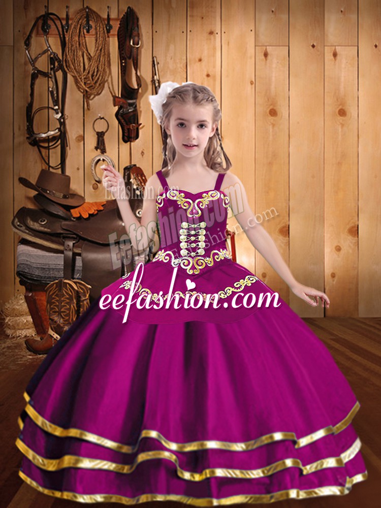 High End Tulle Sleeveless Floor Length Little Girls Pageant Dress Wholesale and Embroidery and Ruffled Layers