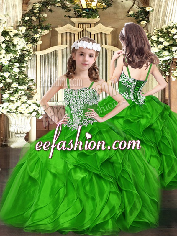  Appliques and Ruffles Kids Formal Wear Green Lace Up Sleeveless Floor Length