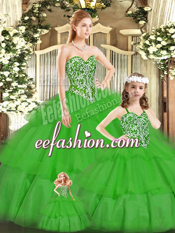  Sweetheart Sleeveless Lace Up Quince Ball Gowns Green Tulle