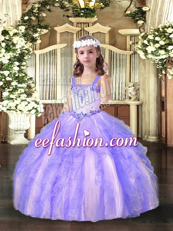  Lavender Ball Gowns Beading and Ruffles Girls Pageant Dresses Lace Up Organza Sleeveless Floor Length