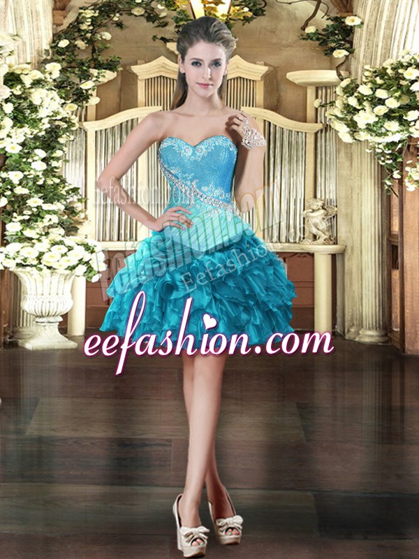  Mini Length Lace Up Prom Gown Teal for Prom and Party with Beading