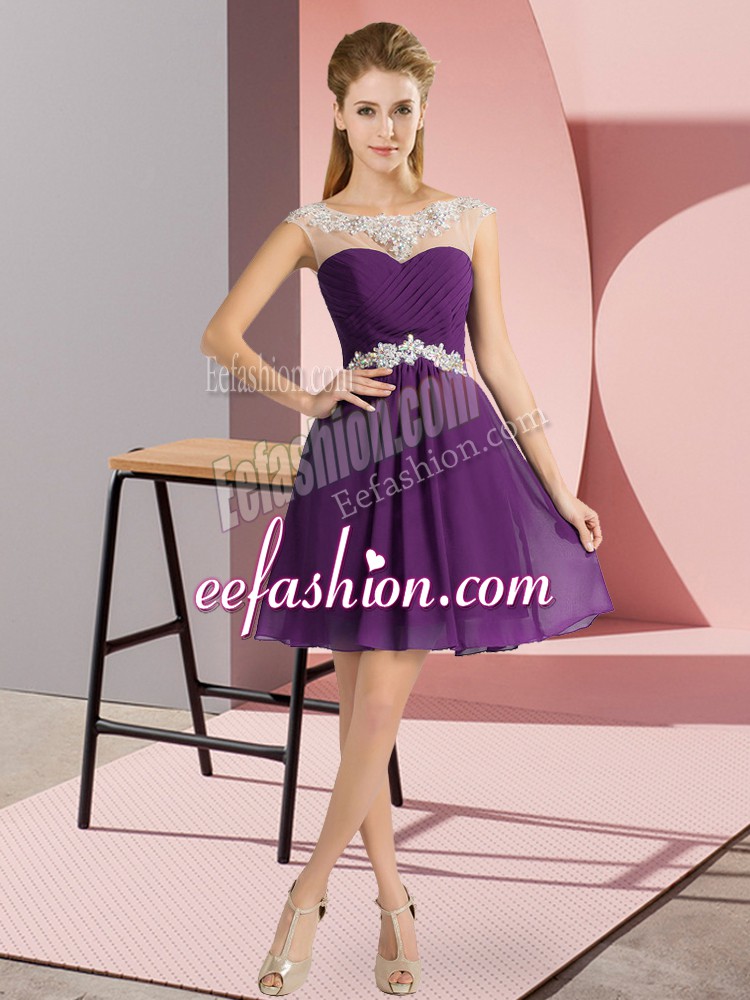  Purple Chiffon Lace Up Prom Party Dress Cap Sleeves Mini Length Beading