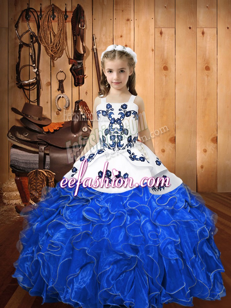  Blue Ball Gowns Organza Straps Sleeveless Embroidery and Ruffles Floor Length Lace Up Little Girls Pageant Dress