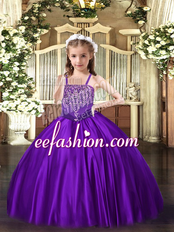  Purple Sleeveless Beading Floor Length Little Girls Pageant Dress