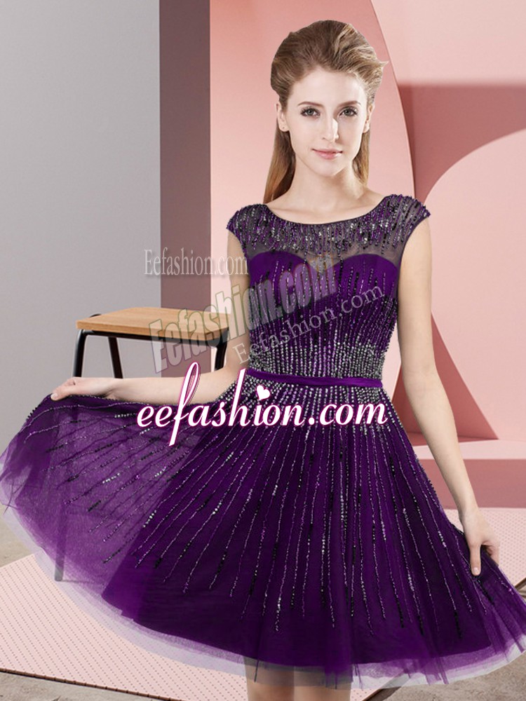  Empire Prom Gown Dark Purple Scoop Tulle Sleeveless Knee Length Backless