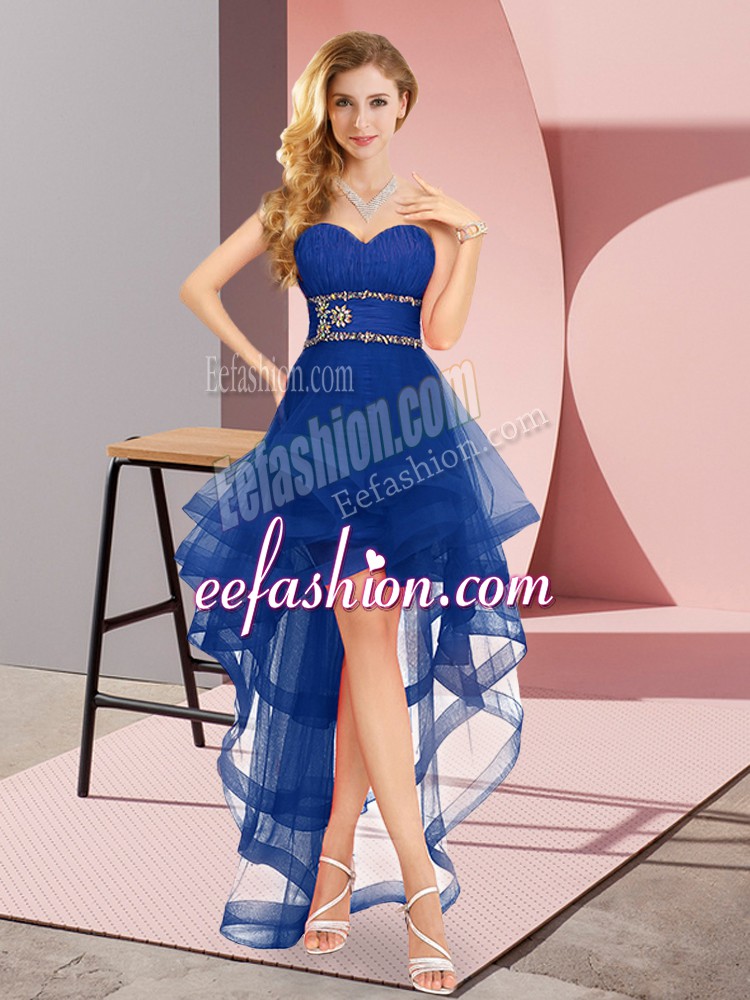 Free and Easy Sleeveless Tulle High Low Lace Up Wedding Party Dress in Royal Blue with Beading