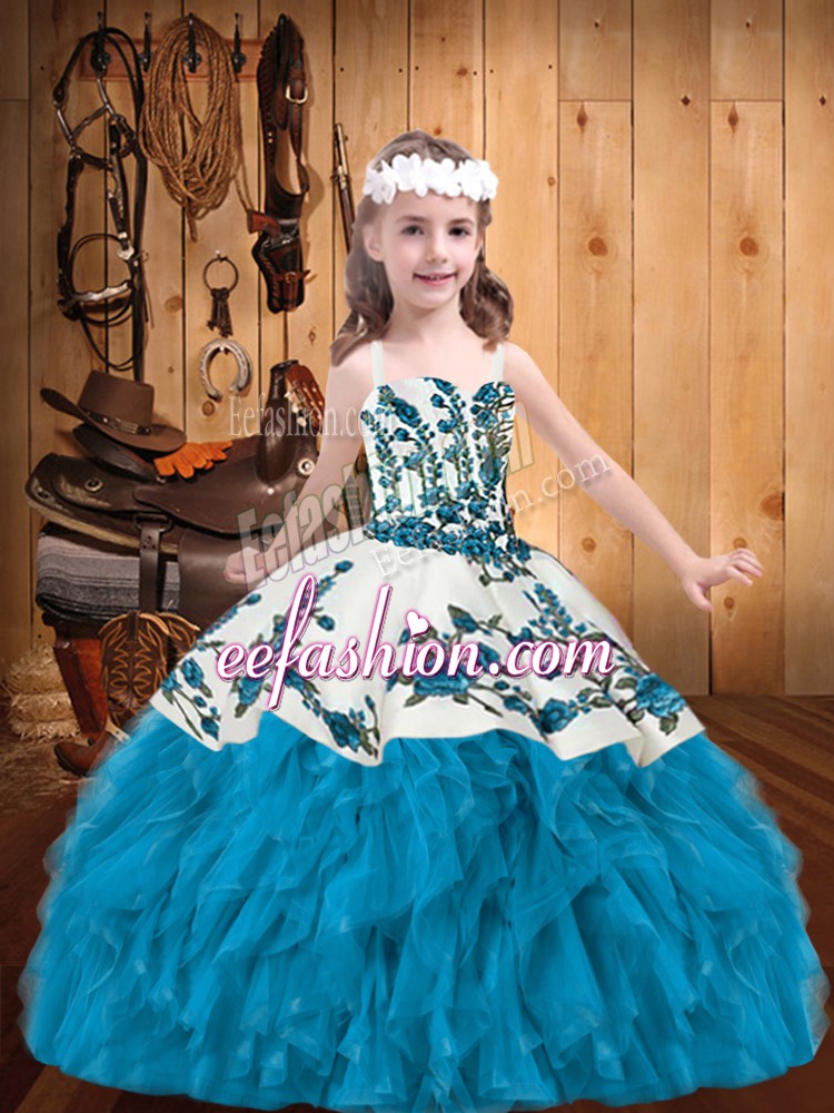 Charming Floor Length Baby Blue Kids Pageant Dress Straps Sleeveless Lace Up