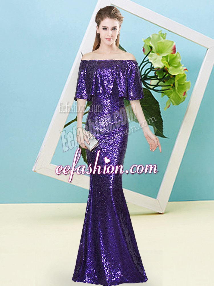  Purple Half Sleeves Floor Length Sequins Zipper Dress for Prom