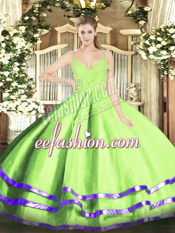 New Arrival Sleeveless Floor Length Ruffled Layers Zipper Quinceanera Dress with Yellow Green