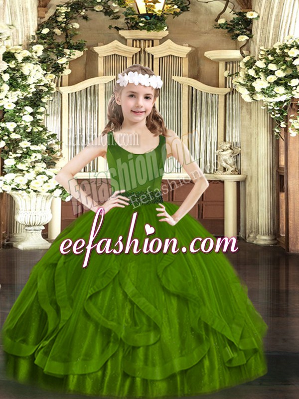  Floor Length Olive Green Child Pageant Dress Scoop Sleeveless Zipper