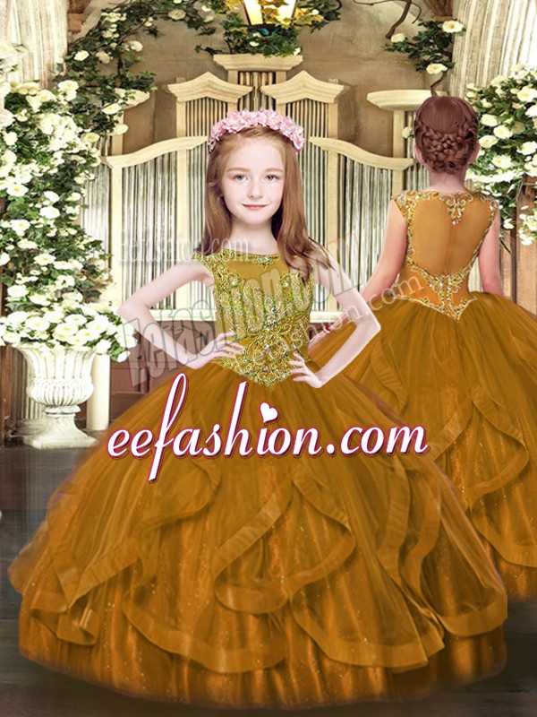 Gorgeous Brown Tulle Zipper Little Girl Pageant Gowns Sleeveless Floor Length Beading and Ruffles
