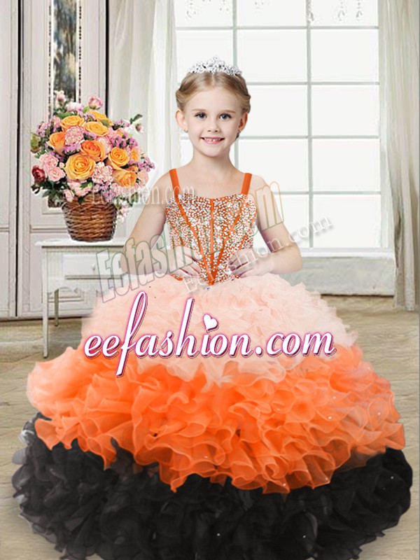 Custom Designed Multi-color Straps Neckline Beading and Ruffles Little Girl Pageant Gowns Sleeveless Lace Up