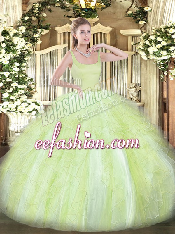  Yellow Green 15 Quinceanera Dress Military Ball and Sweet 16 and Quinceanera with Beading and Ruffles Straps Sleeveless Zipper