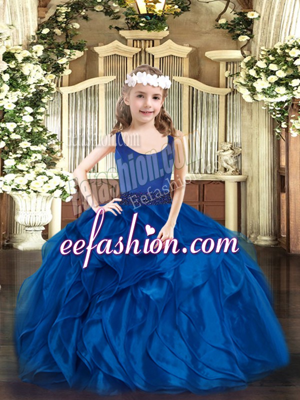  Beading and Ruffles Pageant Gowns For Girls Blue Zipper Sleeveless Floor Length