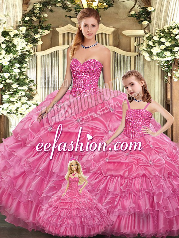 Custom Designed Rose Pink Lace Up Sweetheart Beading and Ruffled Layers Sweet 16 Dress Organza Sleeveless