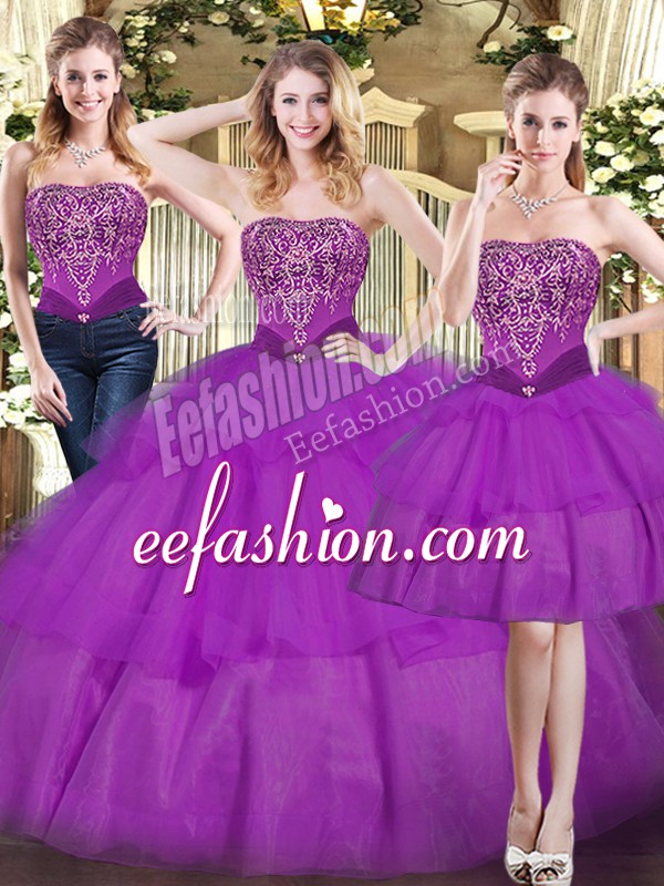  Eggplant Purple Tulle Lace Up 15 Quinceanera Dress Sleeveless Floor Length Beading and Ruffled Layers