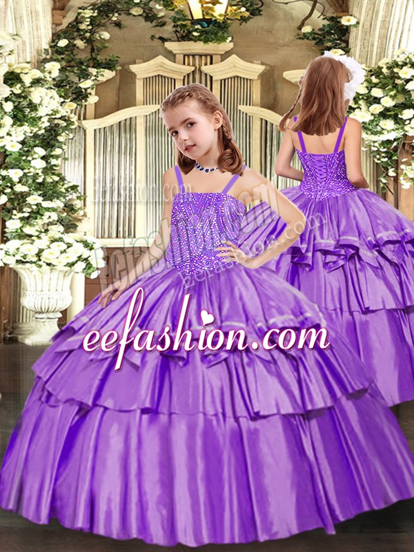 Trendy Lavender Ball Gowns Straps Sleeveless Taffeta Floor Length Lace Up Beading and Ruffled Layers Little Girl Pageant Gowns