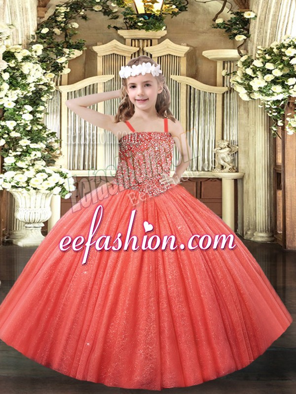  Tulle Straps Sleeveless Lace Up Beading Pageant Gowns For Girls in Coral Red