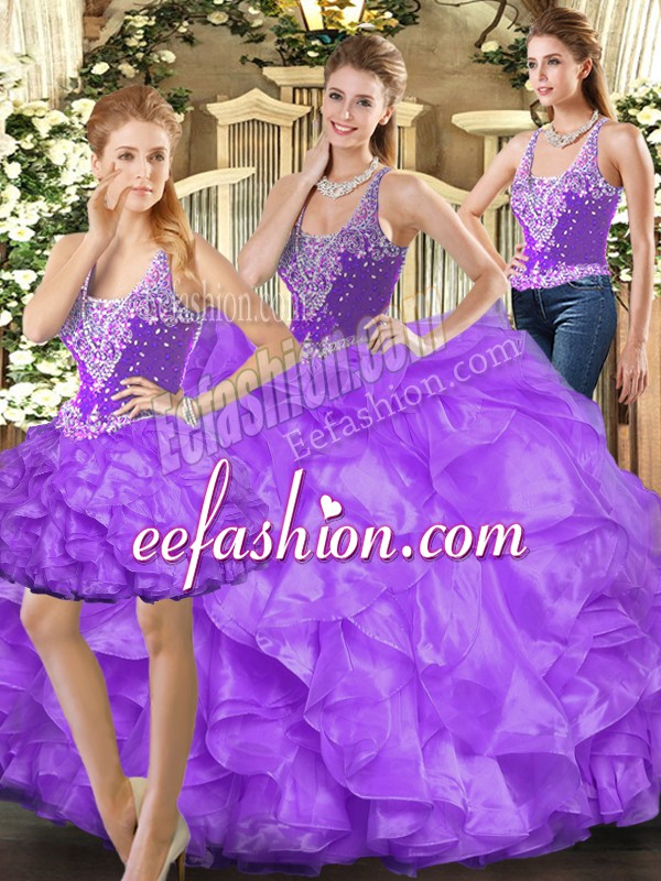 Modern Straps Sleeveless Lace Up Ball Gown Prom Dress Eggplant Purple Tulle