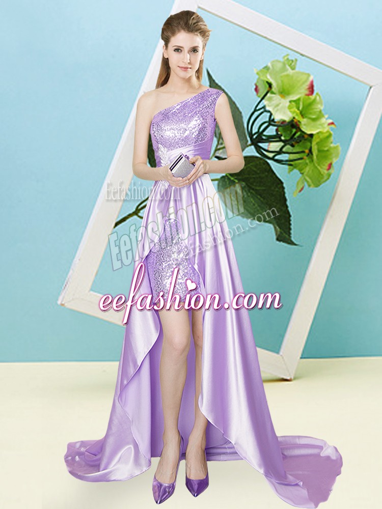  Lavender Empire Elastic Woven Satin and Sequined One Shoulder Sleeveless Sequins High Low Lace Up Dress for Prom