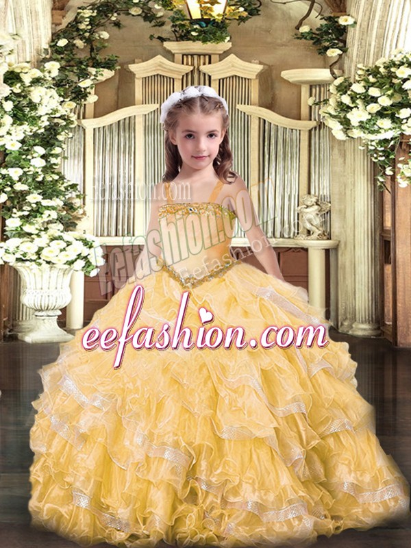 Cheap Gold Sleeveless Appliques and Ruffled Layers Floor Length Little Girls Pageant Dress Wholesale