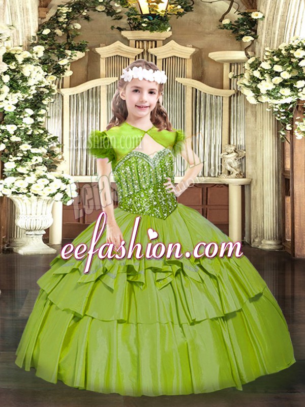  Floor Length Olive Green Little Girls Pageant Dress Organza Sleeveless Beading and Ruffled Layers