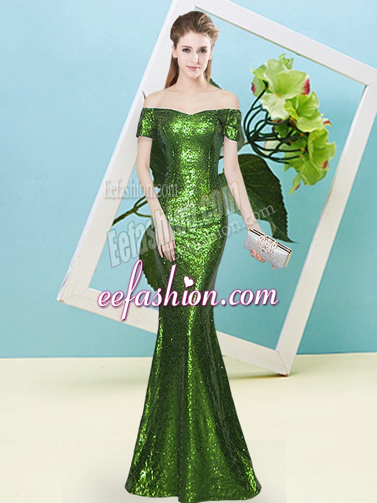 Fashion Short Sleeves Floor Length Sequins Zipper Dress for Prom with 