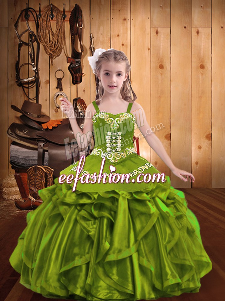 Olive Green Organza Lace Up Straps Sleeveless Floor Length Little Girl Pageant Gowns Embroidery and Ruffles