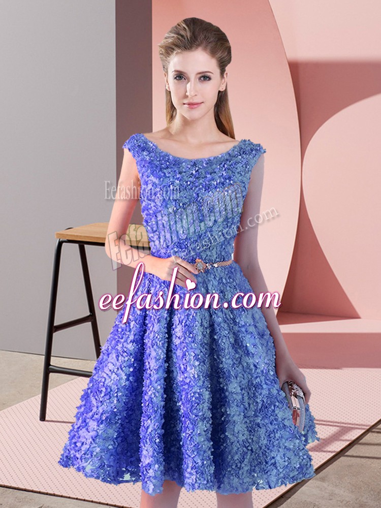Charming Blue Lace Up Prom Evening Gown Belt Sleeveless Knee Length