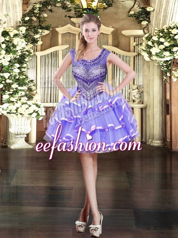  Lavender Ball Gowns Beading and Ruffled Layers Homecoming Dress Zipper Organza Sleeveless Mini Length