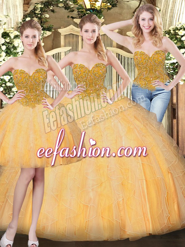  Gold Sleeveless Tulle Lace Up 15th Birthday Dress for Military Ball and Sweet 16 and Quinceanera