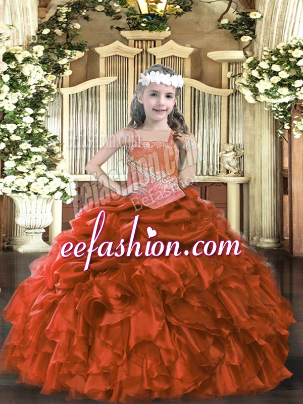  Floor Length Rust Red Little Girl Pageant Dress Organza Sleeveless Appliques and Ruffles