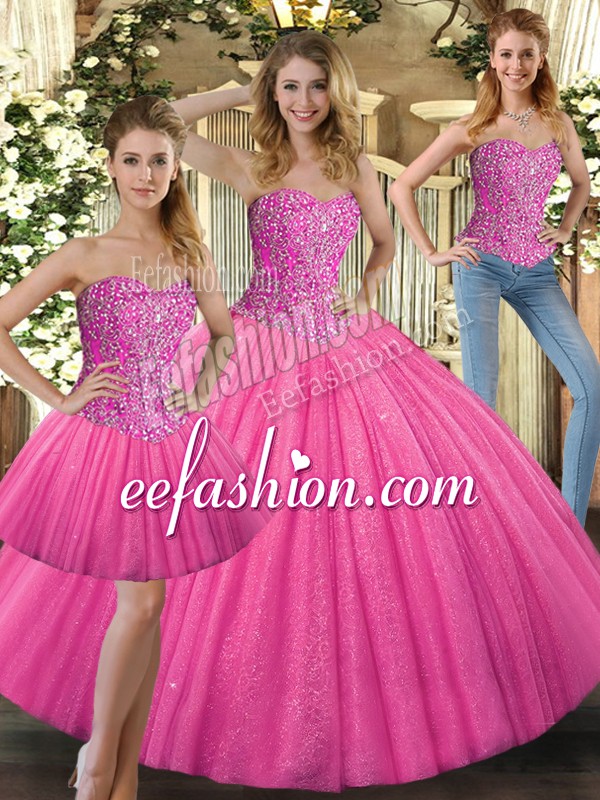 Hot Pink Tulle Lace Up Sweet 16 Dresses Sleeveless Floor Length Beading