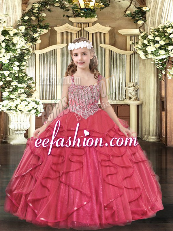  Sleeveless Floor Length Beading and Ruffles Lace Up Little Girls Pageant Dress Wholesale with Coral Red