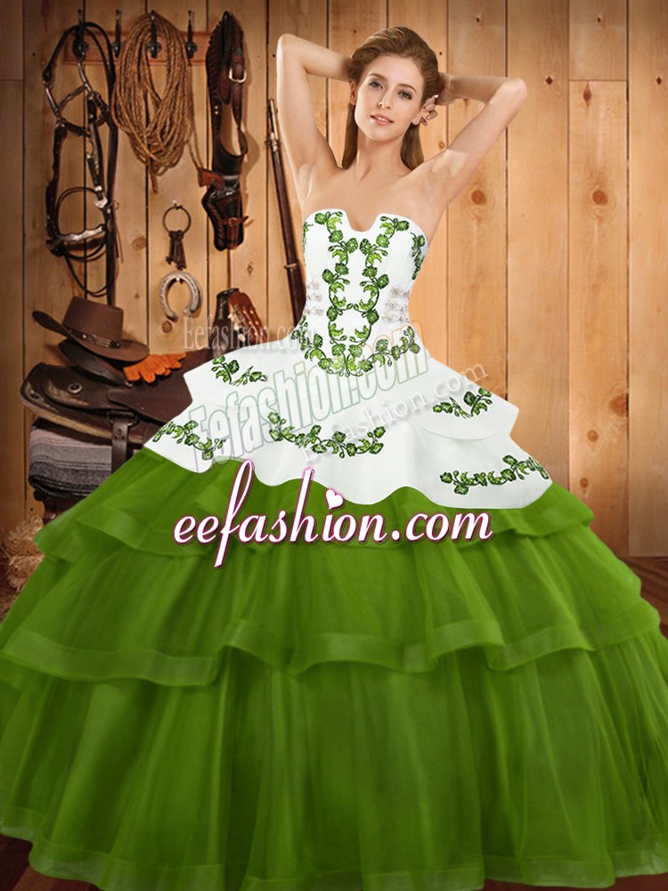 Free and Easy Strapless Sleeveless Sweet 16 Dresses Sweep Train Embroidery and Ruffled Layers Olive Green Tulle