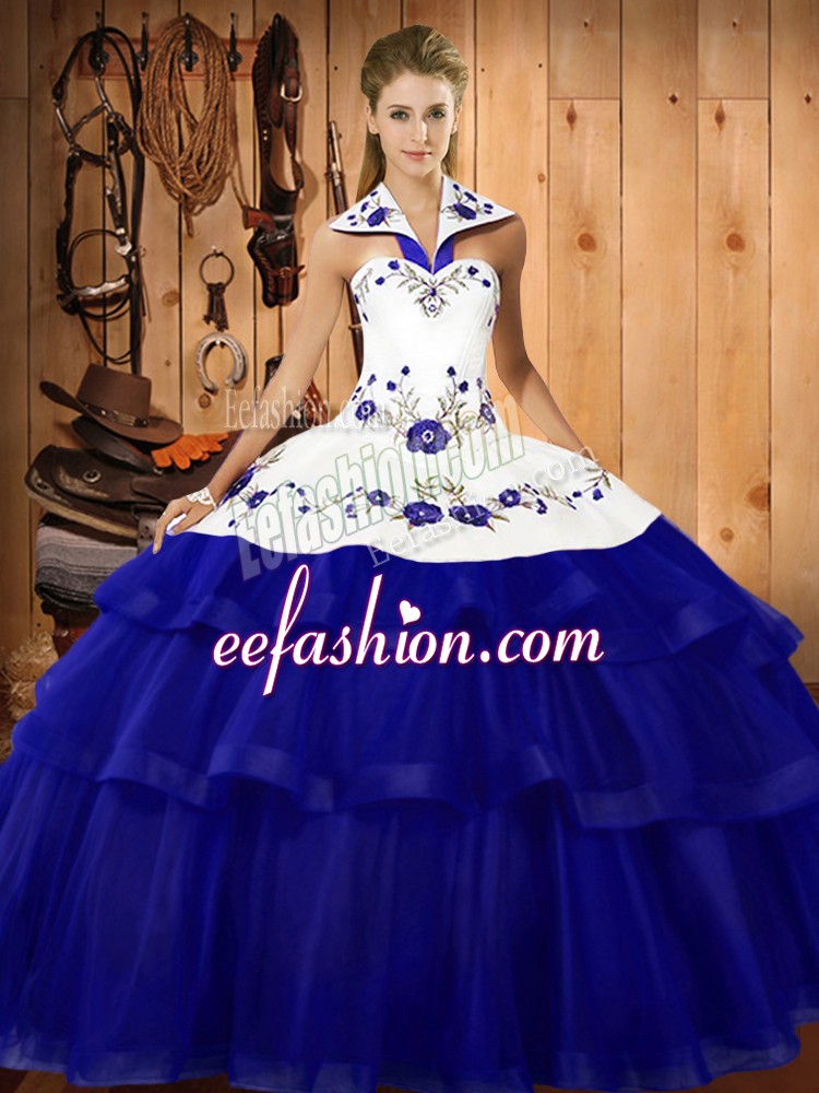  Royal Blue Ball Gowns Embroidery and Ruffled Layers Quinceanera Dress Lace Up Organza Sleeveless