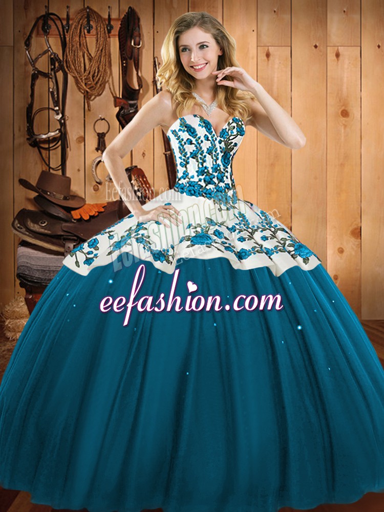  Teal Ball Gowns Embroidery Quinceanera Dress Lace Up Satin and Tulle Sleeveless Floor Length