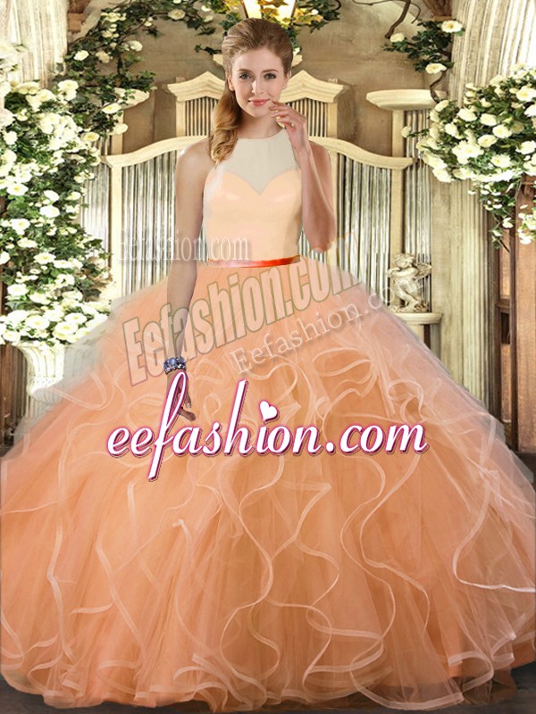  Floor Length Backless Quinceanera Dresses Peach for Sweet 16 and Quinceanera with Ruffles