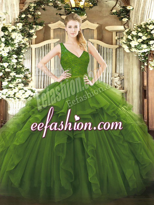 Captivating Olive Green Sleeveless Beading and Lace and Ruffles Floor Length Quinceanera Dresses