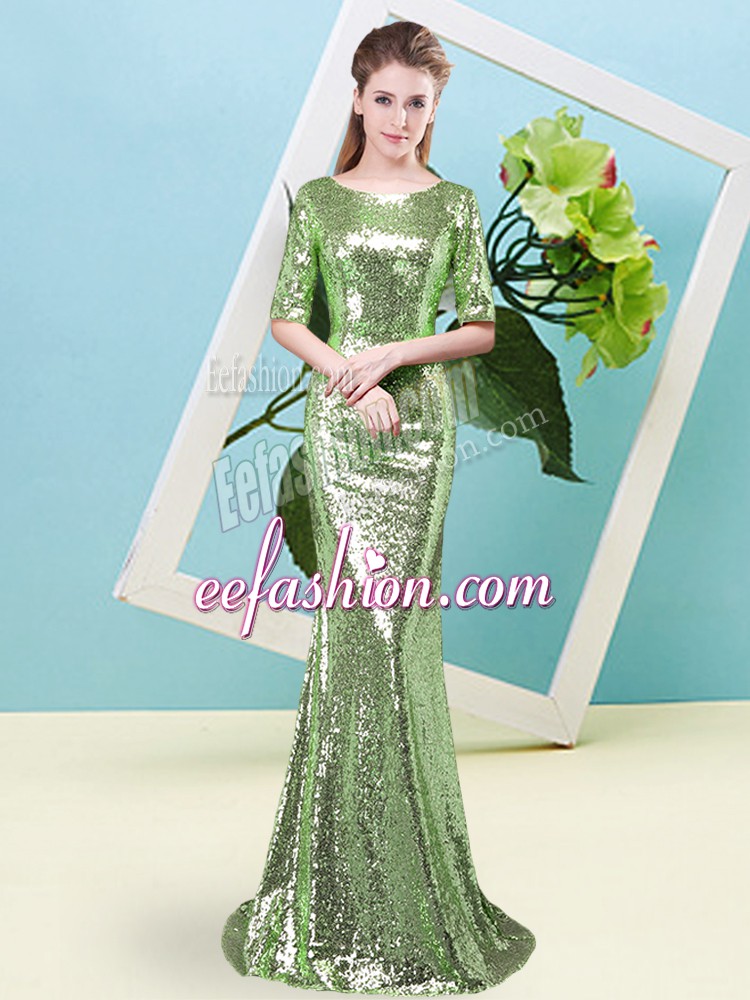  Floor Length Prom Gown Sequined Half Sleeves Sequins