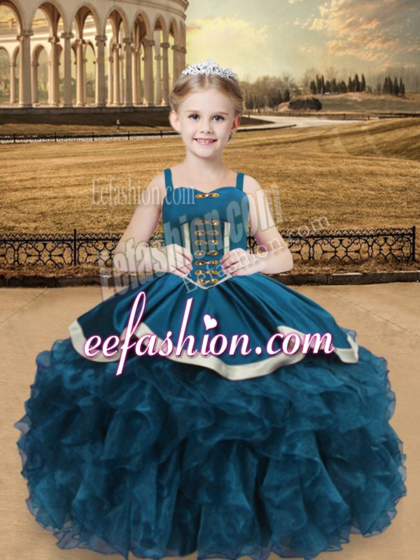 Elegant Sleeveless Organza and Taffeta Floor Length Lace Up Little Girl Pageant Dress in Teal with Beading and Ruffles