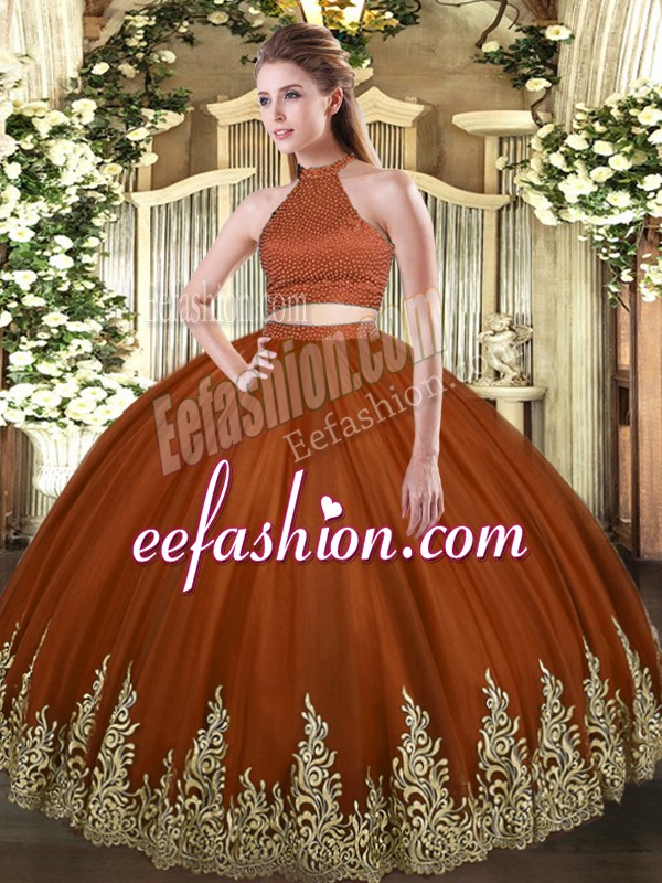 Discount Rust Red Backless Halter Top Beading and Appliques 15 Quinceanera Dress Tulle Sleeveless