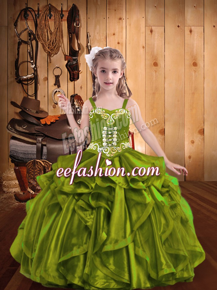  Ball Gowns Child Pageant Dress Olive Green Straps Organza Sleeveless Floor Length Lace Up